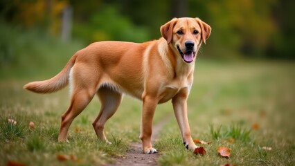A red fox labrador standing on a grassy path with autumn leaves scattered around.