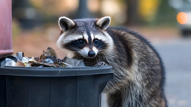 A raccoon curiously looking into a city trash can