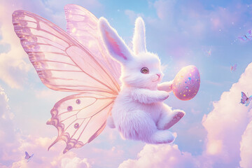 A whimsical Easter Bunny riding a giant butterfly across a pastel-colored sky, holding a glowing Easter egg in its paws as the wind swirls around.