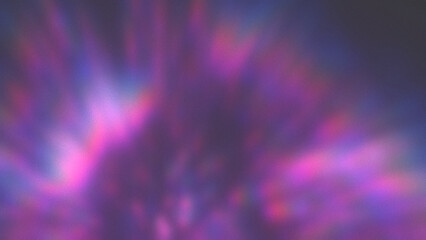 Prism blur holographic abstract background. Grainy noise texture. Laser rays fountain in bright pink lilac blue purple violet black. Explosion of light beams. Defocused burst of disco ball reflections