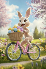 A playful cartoon-style bunny riding a pastel pink bicycle, carrying a basket full of decorated Easter eggs through a cheerful countryside.