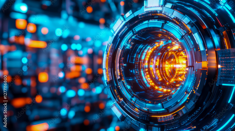 Poster sci-fi technology ring, advanced machine portal, futuristic element for digital interface, print or 