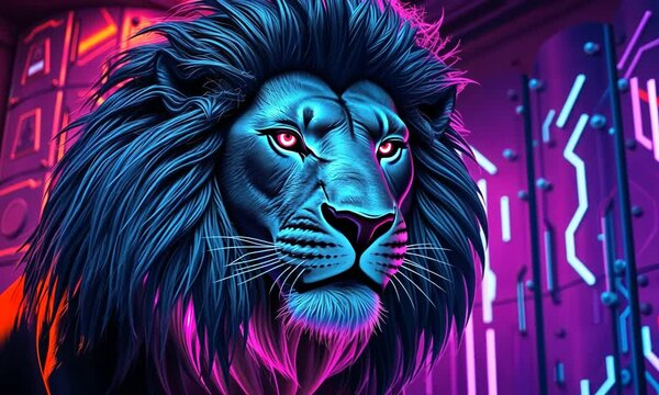 Cyberpunk Big Lion, Featuring Neon Lighted Circuit Patterns in Electric Blue and Magenta. Background Has Futuristic Holographic Look with Customizable Lighting Effects. 4k