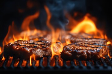 Flames dance behind a grill where succulent steaks sizzle, creating a mouthwatering scene of outdoor cooking and vibrant heat.