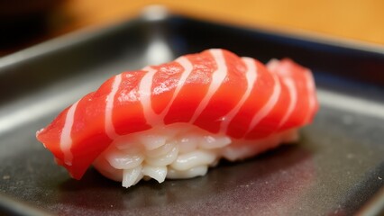 A piece of shima aji sushi with a beautifully marbled slice of fish on top of rice, presented on a black plate.