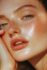 Close-up of a young woman with freckles and glistening wet skin, gently touching her face, showcasing her natural beauty and commitment to skincare and self-care