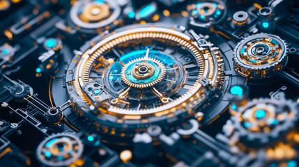 Obraz premium Intricate Cyberpunk Time Machine Mechanism: Technological Advancement blueprint