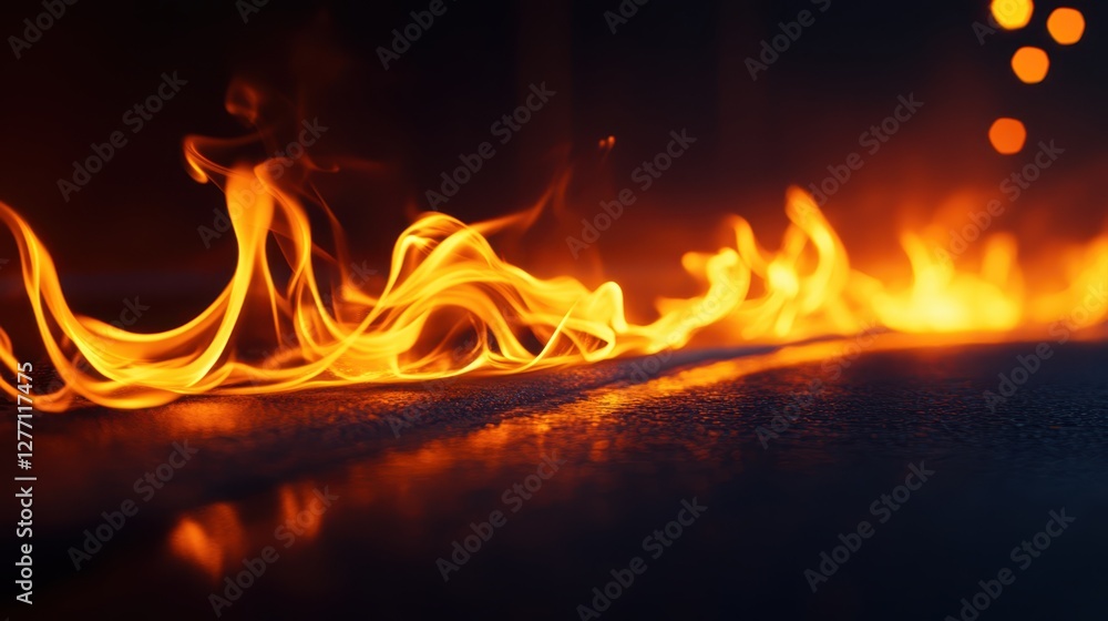 Poster flames flicker vividly against a dark surface, creating a striking contrast with an indistinct backd