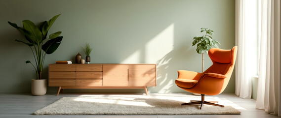 sunlight illuminates an armchair and light wood cabinet in a contemporary living room