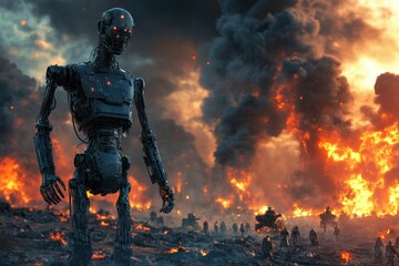 Obraz premium Futuristic robot stands amidst chaotic battlefield engulfed in flames and smoke