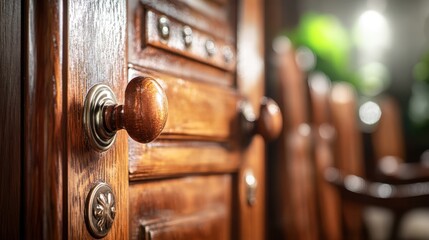 A close-up view of a wooden door featuring an elegant knob, showcasing the texture and craftsmanship of the wood.