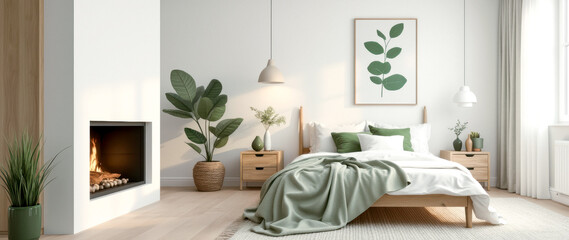 serene minimalist bedroom with green accents and fireplace