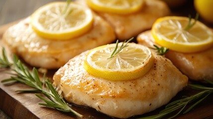 Fresh lemons and fragrant rosemary are artfully arranged on a wooden cutting board, showcasing vibrant colors and natural textures.
