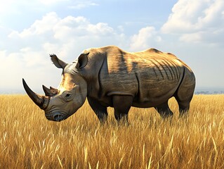 Fototapeta premium A rhinoceros grazing in the tall grass of the African savanna