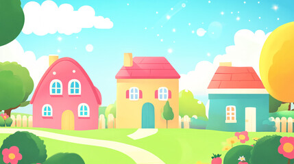 Whimsical fantasy village with colorful houses and starry sky, cozy fairytale landscape with warm lights, dreamlike digital illustration of a magical landscape