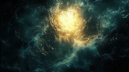 Underwater turbulent waves, bright light source, deep ocean. Possible use background, poster, abstract art