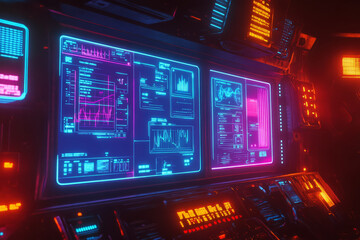 Fototapeta premium A sci-fi control panel background with holographic user interfaces, floating graphs, and blinking neon circuits.