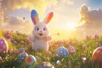 A whimsical Easter Bunny with rainbow-colored ears, hopping through a meadow with sparkling Easter eggs surrounding it, under a bright sky.