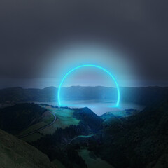 Composite image. Neon blue half-circle portal glowing over calm lake surrounded by mountains under...