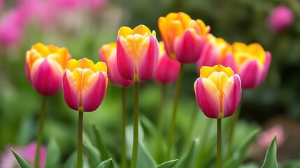 Vibrant tulips bloom in a lush garden, surrounded by rich green foliage, showcasing the beauty of nature in full color.