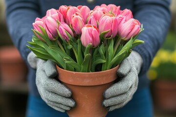 A person wearing gloves holds a pot filled with vibrant pink flowers, showcasing a connection with nature and gardening.