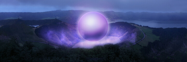Composite image. Giant glowing purple sphere hovering over misty lake, casting soft neon reflections on surrounding hills. Concept of futuristic energy, cosmic presence, surreal nature, abstract