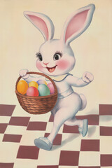 A sweet cartoon Easter Bunny with rosy cheeks, hopping across a checkerboard pattern, carrying a basket of multicolored eggs.