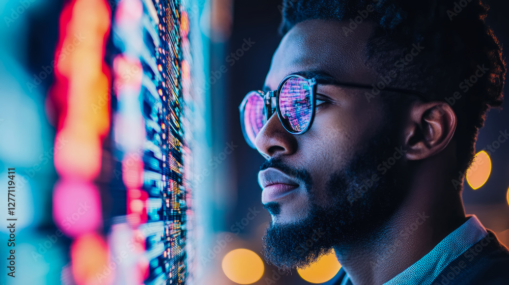 Aufkleber contemplation of futuristic data: a person enraptured by a neon data stream display reflecting in th