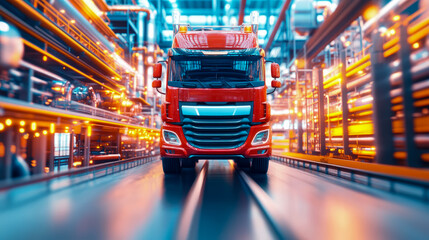 Obraz premium Futuristic Transport: Red Semi-Truck in a Neon Industrial Complex, Concept Artwork
