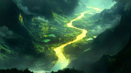 Fototapeta premium A river winding like a serpent through an emerald valley