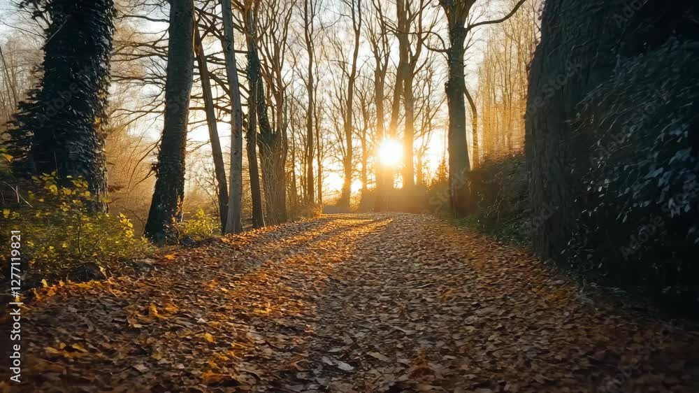Poster golden sunlight filters through trees on a tranquil autumn path at dusk
