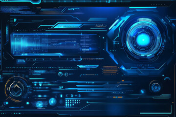 Fototapeta premium A tech-inspired sci-fi background with holographic data streams, dark metallic textures, and glowing blue interfaces. Futuristic and sleek.