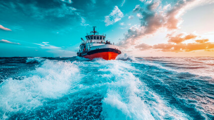 Coast Guard Vessel Braving Ocean Waves at Sunset