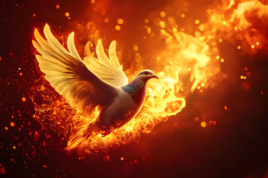 Pentecost Sunday. Pentecost background with flying dove and fire. Created by Generative Al.