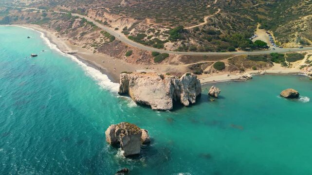 Birthplace of the goddess Aphrodite. Venus. Petra tou Romiou. Pafos. Cyprus. Greece. Beautiful views of the Mediterranean Sea and Coastline. Unique rock formations. Golden sand beaches. Blue sea.