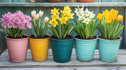 Four vibrant pots display a variety of colorful flowers, showcasing different species and arrangements, enhancing the beauty of any space.