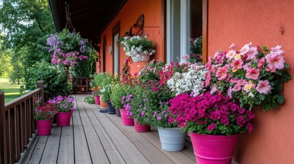 Fototapeta premium A vibrant display of potted flowers adorns the inviting porch of a charming house, showcasing a variety of colors and types in bloom.