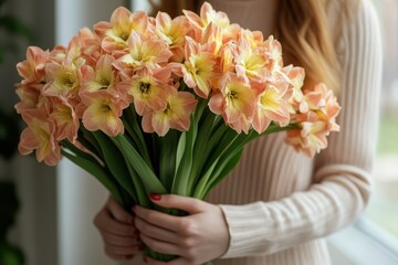 A woman gracefully holds a vibrant bouquet of flowers, showcasing her appreciation for nature's beauty and the joy of giving.