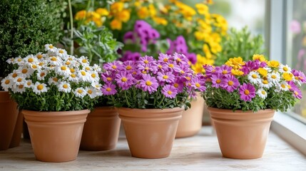 A variety of vibrant flowers in individual pots displayed on a sunny window sill, showcasing their colors and unique shapes.