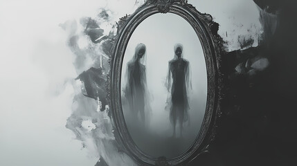 Eerie collection of ghostly figures reflected in ornate mirrors. Ethereal Ghostly Apparitions. Illustration