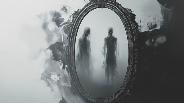 Eerie collection of ghostly figures reflected in ornate mirrors. Ethereal Ghostly Apparitions. Illustration