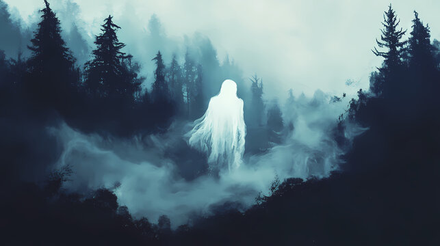 Ethereal ghostly apparition emerging from mist and smoke in surreal mystical landscape. wisp. illustration. Ethereal Ghostly Apparitions. Illustration