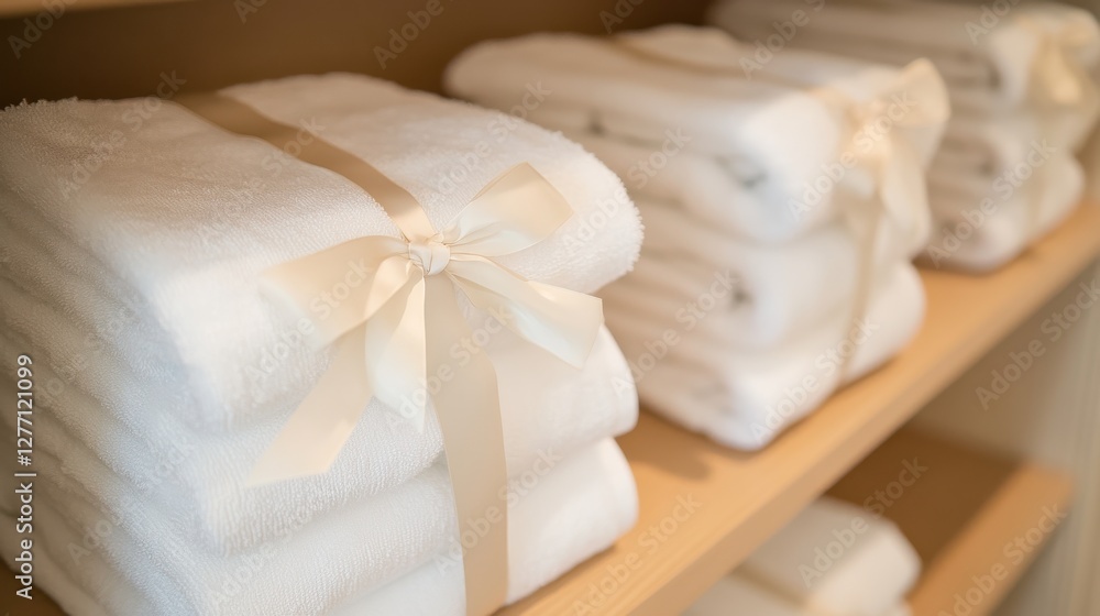 Poster neatly stacked towels with ribbons in soft light