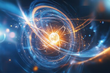 Fototapeta premium Stunning depiction of atomic structure with glowing particles and swirling energy waves