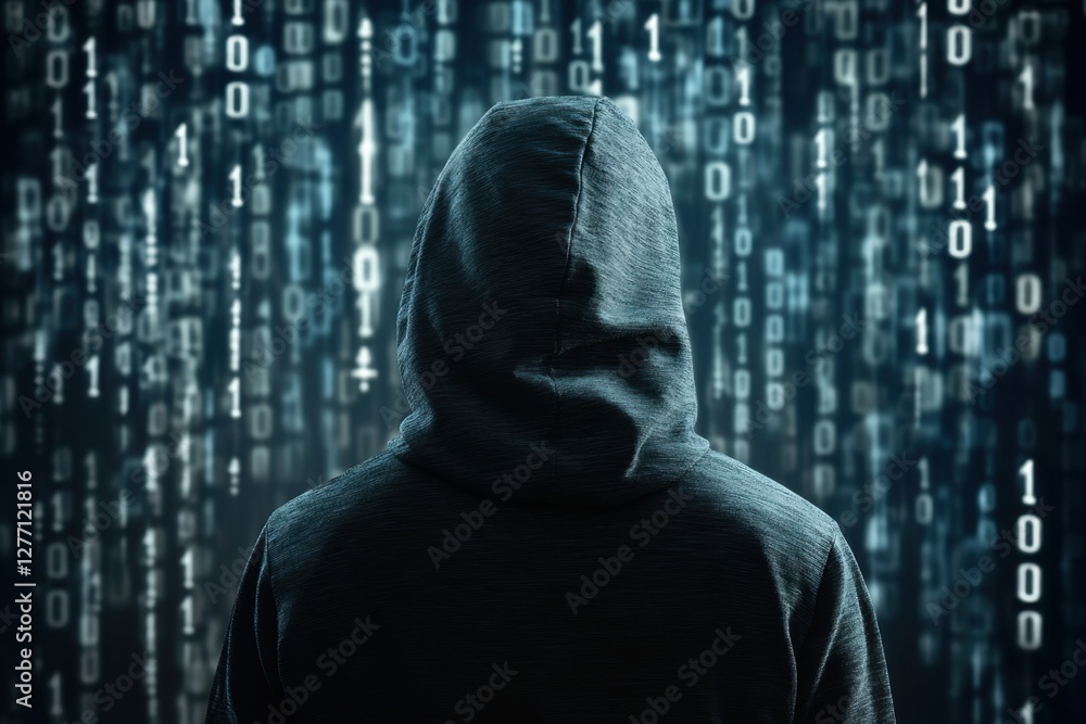 Poster hooded figure surrounded by cascading binary code in a dark digital environment