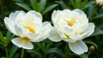 Naklejka premium Two white peonies in full bloom with lush green foliage in the background.