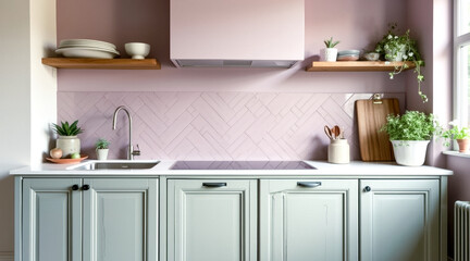light green kitchen with pale pink herringbone tiles and wooden shelves.
