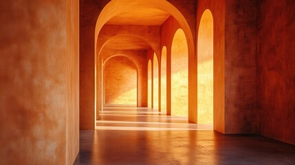 Fototapeta premium Sunlit Archways in Orange-Hued Minimalist Interior Design Space