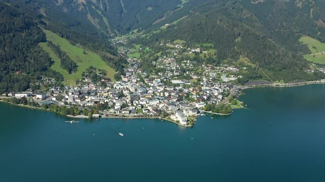 View over lake Zeller to Zell am See town. Beautiful panorama of Zell am See in Tirol Alps in Austria.
