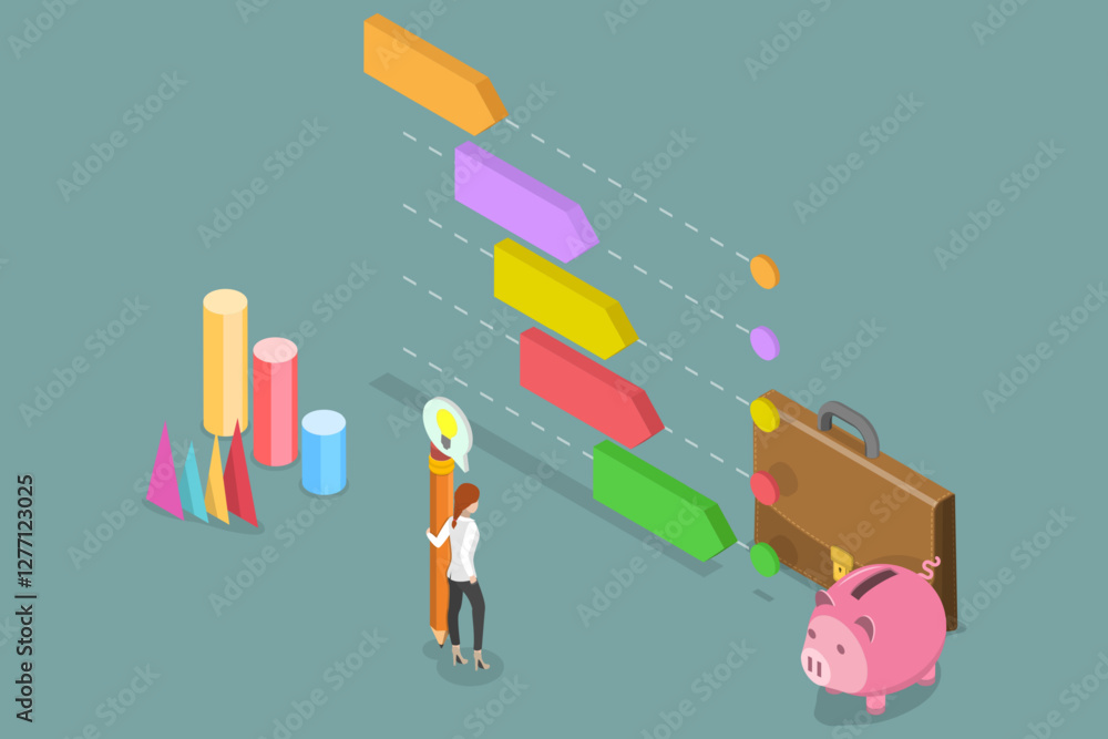 Poster 3d isometric flat vector illustration of workflow concept, timeline with work task flow